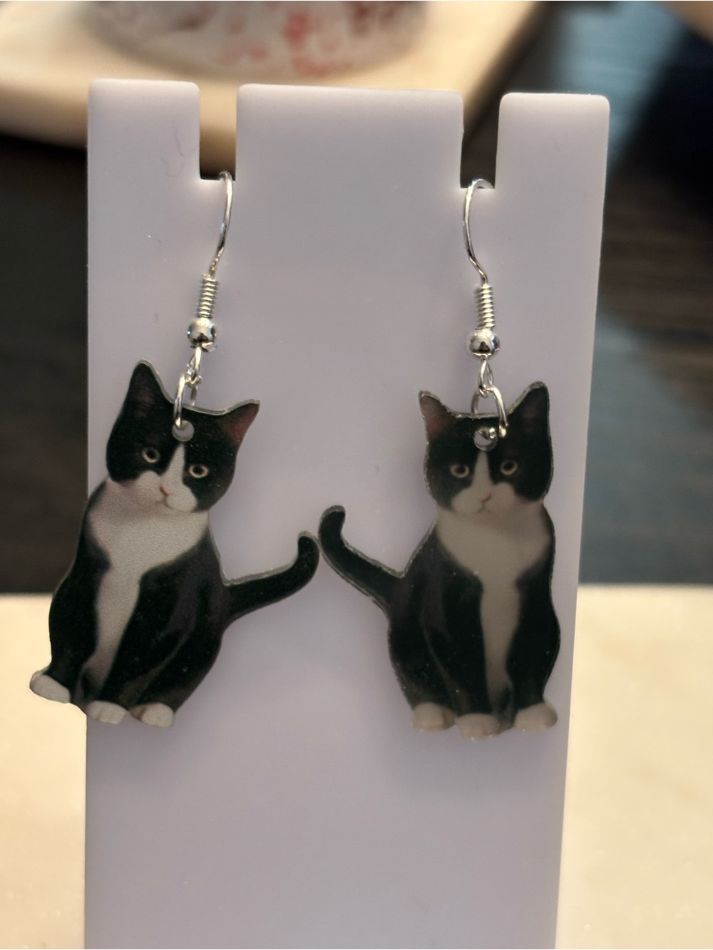 Title: Black & White Tuxedo Cat Acrylic Dangle Earrings | Mirrored Pair | Curled